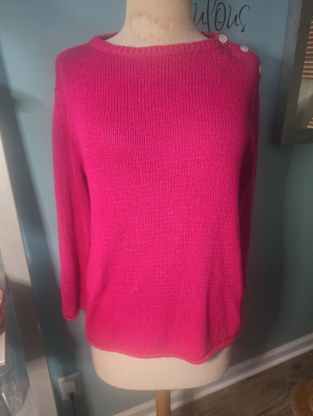 Ralph Lauren Fuchsia Crewneck Sweater with Shoulder Buttons
